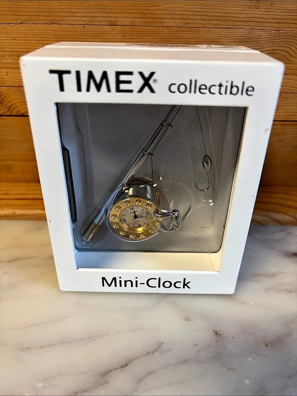 Timex Collectible Mini Clock Fishing Reel and Rod Gold & Silver